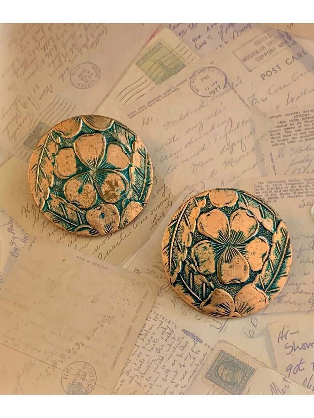 Genuine Copper Vintage Floral Etched Clip-On Earrings Retro